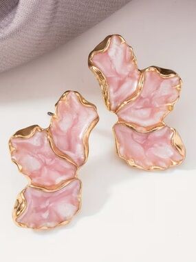Elegant Pink Flower Petal Drop Earrings with Gold Trim